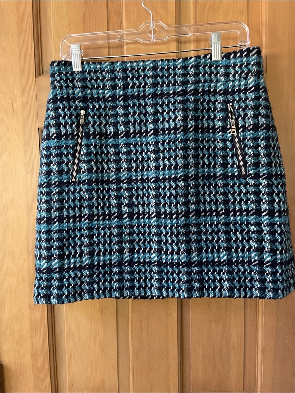 LOFT Teal and Black Tweed Mini Skirt with Zip Pockets